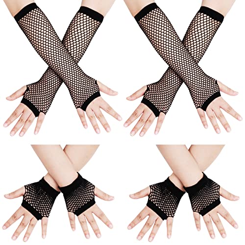 4 Paar Lang und Kurz Fischnetz Handschuhe Fingerlose Netzhandschuhe Schwarz Handschuhe Netz Mesh Handschuhe Damen Fishnet Gloves für 80er Jahre Verkleidung Kostüm Party Themenparty Lieferungen von baotongle