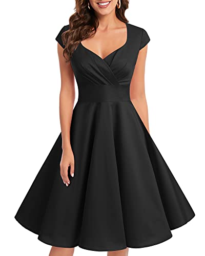 bbonlinedress 1950er Vintage Retro Cocktailkleid Rockabilly V-Ausschnitt Faltenrock Black XL von Bbonlinedress