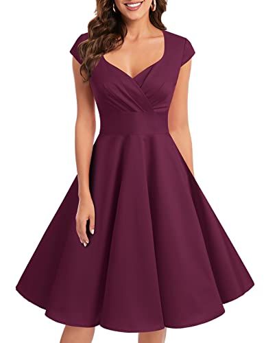 bbonlinedress 1950er Vintage Retro Cocktailkleid Rockabilly V-Ausschnitt Faltenrock Burgundy L von Bbonlinedress