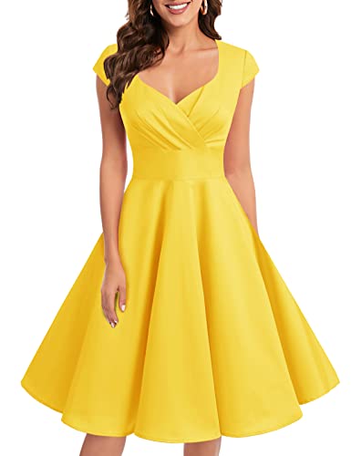 bbonlinedress 1950er Vintage Retro Cocktailkleid Rockabilly V-Ausschnitt Faltenrock Yellow XL von Bbonlinedress