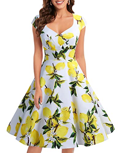 bbonlinedress 1950er Vintage Retro Cocktailkleid Rockabilly V-Ausschnitt Faltenrock Lemon XL von Bbonlinedress