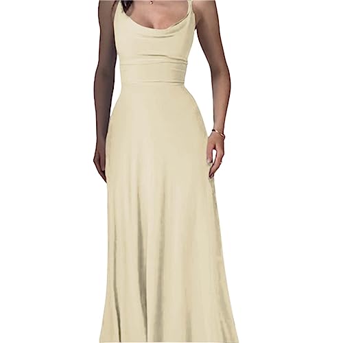 Lulah Drape Maxi Dress with Built-in Bra, Summer solid Color Round Neck Sling Waist sexy Dress (XL,Beige) von behound