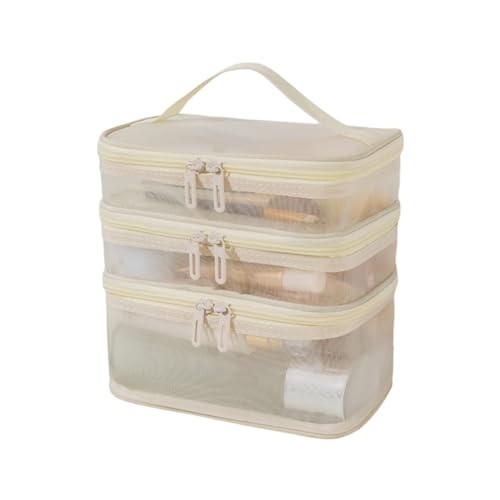 bephible Transparente Reise-Kosmetiktasche, mehrschichtige Netztasche mit sichtbarem Reißverschluss, Griff, tragbarer Make-up-Organizer für klassifizierte Organisation, groß, beige von bephible