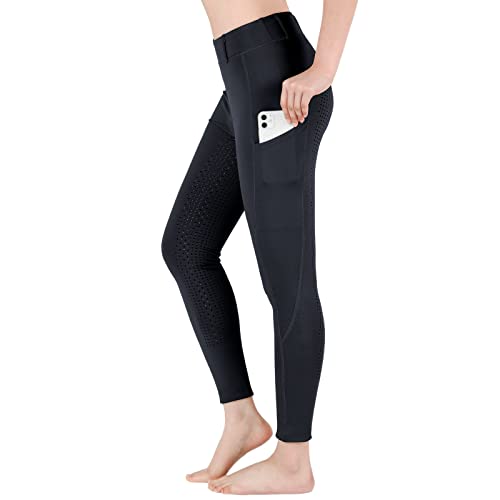 beroy Schwarz Reithose Damen Reitleggings mit Gürtelschlaufe,Mädchen Reitsport-Hosen mit Silikon Vollbesatz und Handytasche Black XL von beroy