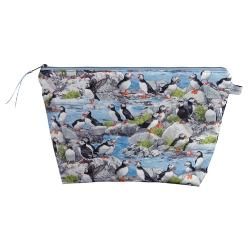 bettina bruder - Kulturbeutel Papageientaucher Puffin Vögel Pünktchen grau weiß blau bunt - Schminktäschchen Makeup Waschbeutel - 35c m x 20 cm x 10 cm von bettina bruder