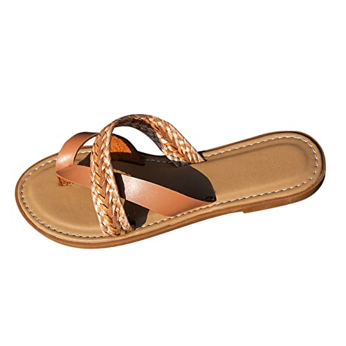 bgyujn Frauen Sommer Weave Slip On Casual Open Toe Flat Soft Bottom Atmungsaktive Hausschuhe Schuhe Sandalen Steigeisen Für Schuhe Damen Frauen Sommer Strand Schuhe Bequeme Flach Slides (Khaki, 40) von bgyujn