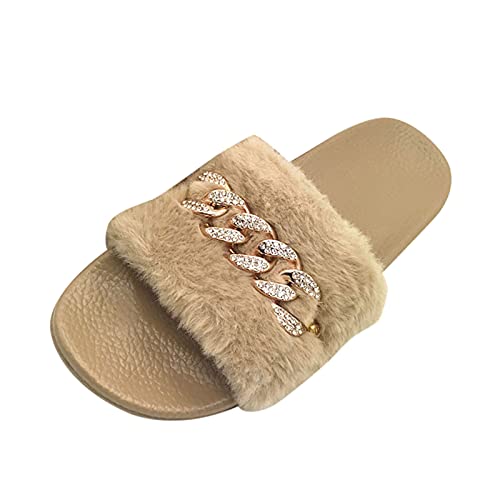 bgyujn Sommer Flache Hausschuhe Mode Strand Kette Frauen Kristall Hausschuhe Sandalen Schuhe Frauen Pantoffel Schwarze Damen Schuhe Winter Frauen Sommer Strand Schuhe Bequeme Flach Slides (Khaki, 39) von bgyujn