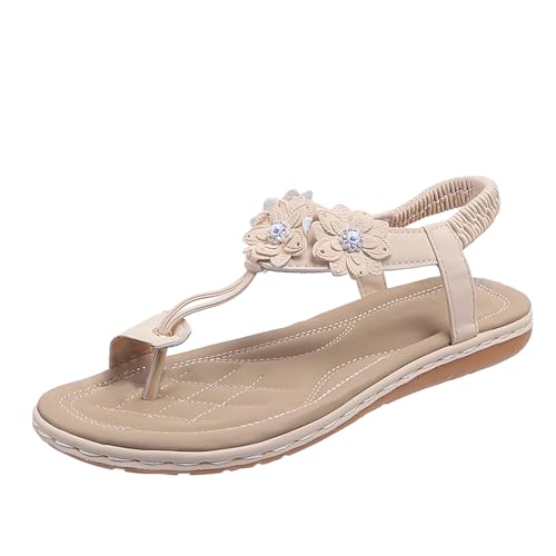 biJerou Damen Casual Pearl Clip Toe Flache römische Schuhe Sommermode Damen Sandalen Prinzessin Schuhe Damen Absatz (Beige, 36) von biJerou