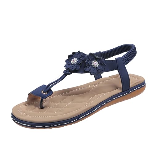 biJerou Damen Casual Pearl Clip Toe Flache römische Schuhe Sommermode Damen Sandalen Prinzessin Schuhe Damen Absatz (Blue, 37) von biJerou