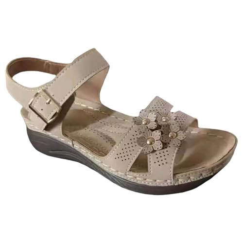 biJerou Damen Casual Side Hollow Gürtelschnalle Slope Bottom Roman Schuhe Sommermode Damen Sandalen Damen Schuhe Sandaletten (Beige, 36) von biJerou