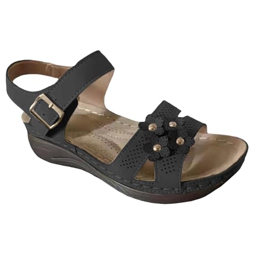 biJerou Damen Casual Side Hollow Gürtelschnalle Slope Bottom Roman Schuhe Sommermode Damen Sandalen Damen Schuhe Sandaletten (Black, 41) von biJerou