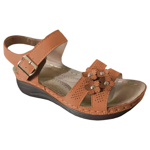 biJerou Damen Casual Side Hollow Gürtelschnalle Slope Bottom Roman Schuhe Sommermode Damen Sandalen Damen Schuhe Sandaletten (Brown, 38) von biJerou