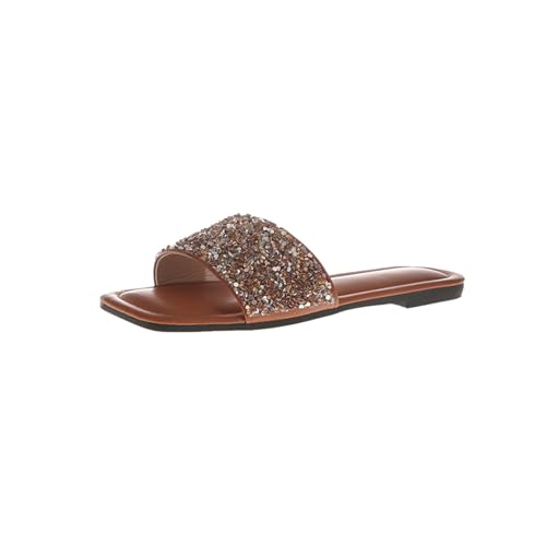 biJerou Damen-Flip-Flops mit flachem Boden und Pailletten und Strasssteinen für den Sommer Gelbe Schuhe Damen Stiefeletten (Brown, 38) von biJerou