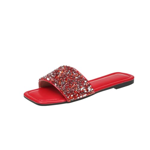 biJerou Damen-Flip-Flops mit flachem Boden und Pailletten und Strasssteinen für den Sommer Gelbe Schuhe Damen Stiefeletten (Red, 38) von biJerou