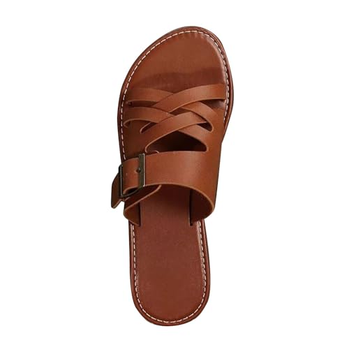 biJerou Damen One Line Buckle Hohlhausschuhe Flache Freizeitsandalen Schuhe Damen Sandaletten Gelb (Brown, 38) von biJerou