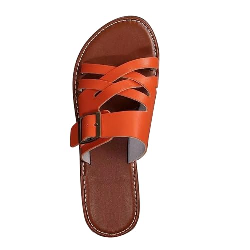 biJerou Damen One Line Buckle Hohlhausschuhe Flache Freizeitsandalen Schuhe Damen Sandaletten Gelb (Orange, 38) von biJerou