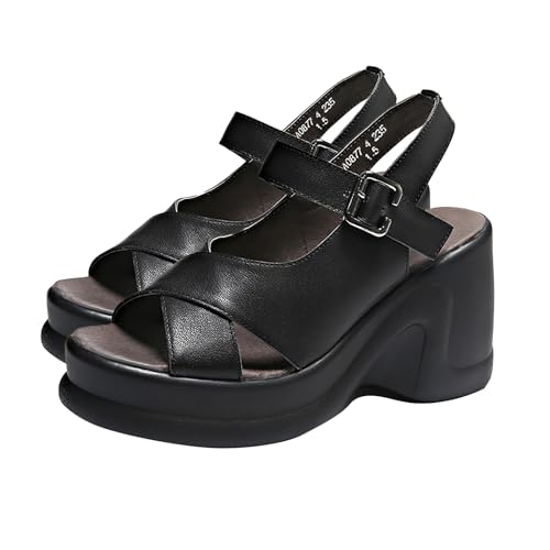 biJerou Damen Sandalen Günstig mit einfachem Slope-Absatz und dicker Sohle und hohem Absatz Offene Schuhe Damen Sandalen (Black, 37) von biJerou