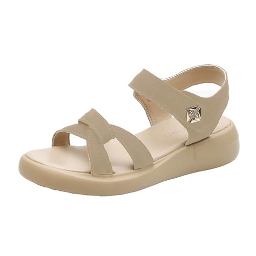 biJerou Damen-Sandalen mit dicken Sohlen, bequeme und vielseitige Strand-Freizeitsandalen Vintage Schuhe Damen Blau (Beige, 38) von biJerou