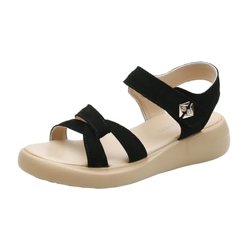 biJerou Damen-Sandalen mit dicken Sohlen, bequeme und vielseitige Strand-Freizeitsandalen Vintage Schuhe Damen Blau (Black, 38) von biJerou