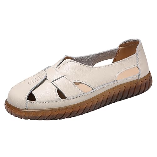 biJerou Damen Sommer Flache Retro Hohle einfarbige Mode Freizeitschuhe Schuhe Damen Rot 39 (Beige, 37) von biJerou