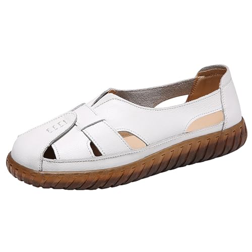 biJerou Damen Sommer Flache Retro Hohle einfarbige Mode Freizeitschuhe Schuhe Damen Rot 39 (White, 37) von biJerou