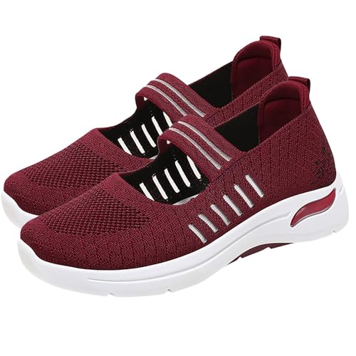 biJerou Damen Sommer Fliegende gewebte weiche Sohle atmungsaktive leichte Bequeme Freizeitschuhe Prinzessin Schuhe Damen (Red, 36) von biJerou