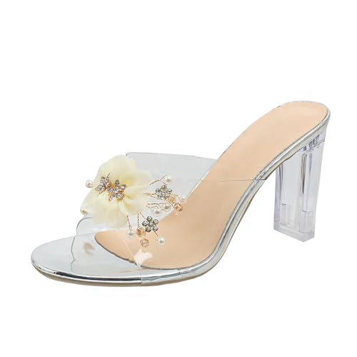 biJerou Damen Sommer Kristall Dicker Absatz Transparent Slope Heel High Heel Schuhe Sandalen Schuhe Für Einlagen Damen Weit (Beige, 37) von biJerou