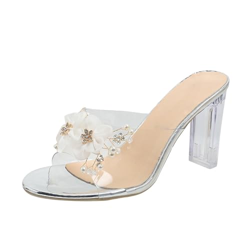 biJerou Damen Sommer Kristall Dicker Absatz Transparent Slope Heel High Heel Schuhe Sandalen Schuhe Für Einlagen Damen Weit (White, 37) von biJerou