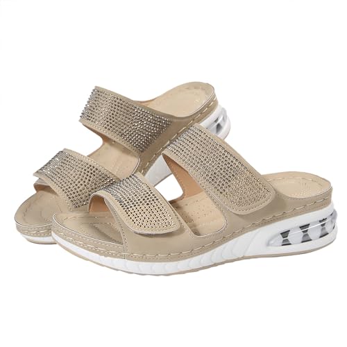 biJerou Damen-Sommer-Sandalen und Hausschuhe mit übergroßem Strass-Keilabsatz und bequemen Luftpolstern Schuhe Damen 42 Rot (Khaki, 36) von biJerou