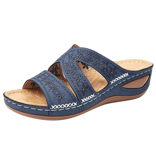 biJerou Damen Sommer Slope Heel Fischmaul Dicker Boden Bestickt Cool Mop 77 Onlineshop Schuhe Damen (Blue, 35) von biJerou