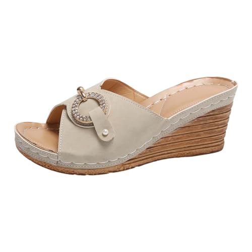 biJerou Damen Strand Hausschuhe mit Slope Heel Hohl Casual Hausschuhe Slope Bottom Schuhe Retro Sandalen Blaue Schuhe Damen Halbschuhe (Beige, 42) von biJerou