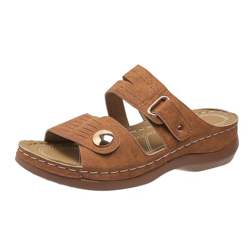 biJerou Damen Strand Hausschuhe mit Slope Heel Hohl Casual Hausschuhe Slope Bottom Schuhe Retro Sandalen Schuhe Damen Gelb Sommer (Brown, 39) von biJerou