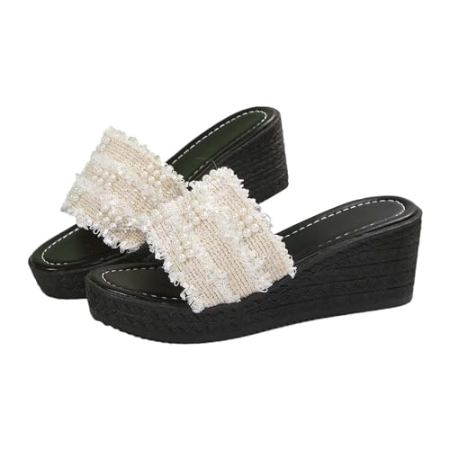 biJerou Damen Strand Hausschuhe mit dickem Boden, hohle Freizeitpantoffeln, Schuhe mit dickem Boden, Retro-Sandalen Schuhe Damen Absatz Frühling (Beige, 36) von biJerou