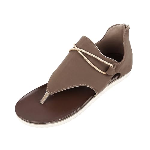 biJerou Einfarbige, lässige und modische flache Sandalen für Damen, leichte flache Sandalen Schuhe Damen Schwarz Braune Sohle (Khaki, 35) von biJerou