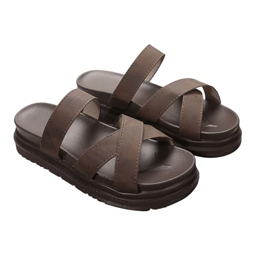 biJerou Frauen 2024 Große Größe Casual Mit Flache Hausschuhe Dicken Boden Reine Farbe Außenhandel Mund Schuhe Silber Metallic Damen (Brown, 36) von biJerou