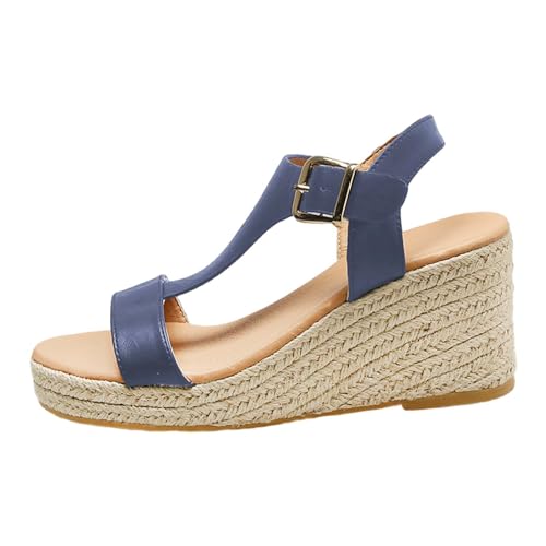 biJerou Frauen Casual Seite Hohl Gürtel Schnalle Slope Bottom Römische Schuhe Sommer Sandalen Schuhe Damen X Ultra 3 (Blue, 36) von biJerou