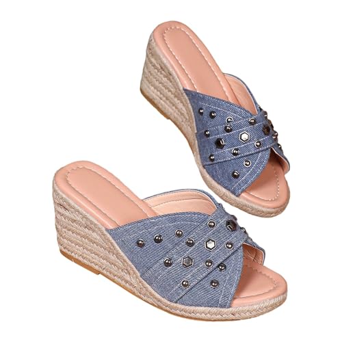 biJerou Frauen Strand Slope Heel Hausschuhe Hohl Casual Hausschuhe Slope Bottom Schuhe Retro Sandalen Atmungsaktive Schuhe Damen Krankenhaus (Blue, 37) von biJerou