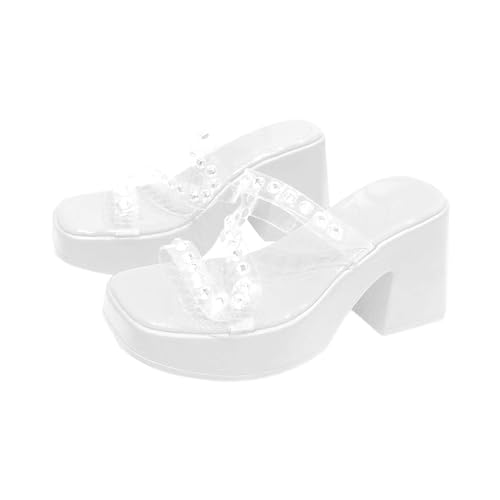 biJerou Frauen Strand Slope Heel Hausschuhe Strass One Strap High Heel Hausschuhe Plattform Dicke Unterseite Slope Heel Sandale Hausschuhe Schuhe Damen Sohle (White, 38) von biJerou