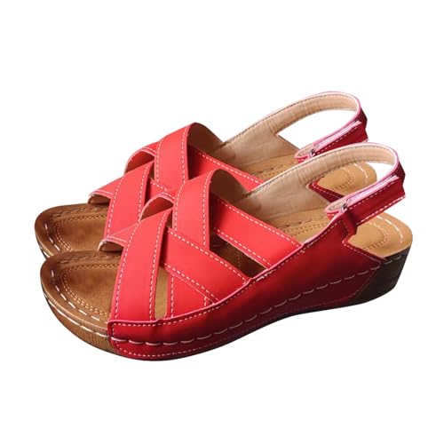 biJerou Getragene Damen Sandalen 40 Strandsandalen mit Schrägabsatz Schuhe La Trainer Damen (Red, 35) von biJerou