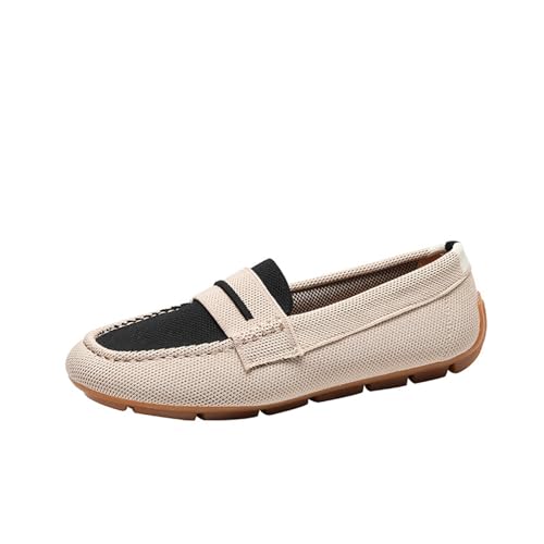 biJerou Leichte Strick-Loafer für Damen, Fahr-Loafer, lässiger Slip-On, Flache, Bequeme Bootsschuhe, atmungsaktive Schuhe mit flachem Boden Damen Weiße Schuhe Elegant (Beige, 36) von biJerou