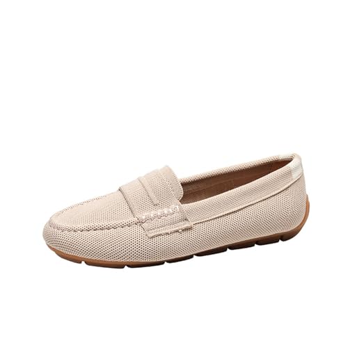 biJerou Leichte Strick-Loafer für Damen, Fahr-Loafer, lässiger Slip-On, Flache, Bequeme Bootsschuhe, atmungsaktive Schuhe mit flachem Boden Schuhe Damen Geschlossen (Beige, 36) von biJerou