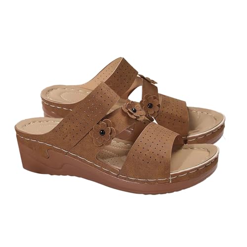 biJerou Maus Damen Schuhe mit Schrägabsatz, Dicker Sohle, einfarbig, gerade Linie und Blumendekoration Leoparden Schuhe Damen Slipper (Brown, 36) von biJerou