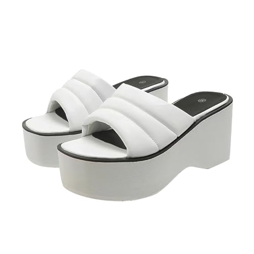 biJerou Plateau Sandalen Damen Schwarz mit dicken Sohlen und schrägem Absatz für Damen Einlagen Schuhe Damen (White, 40) von biJerou