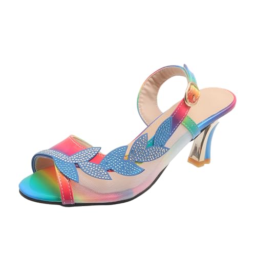 biJerou S. Damen Schuhe für Damen, klobiger Absatz, eine Schnalle, Strass-Mesh-Sandalen, Damen-High-Heel-Sandalen Schuhe Für Einlagen Damen Orthopädische (Blue, 37) von biJerou