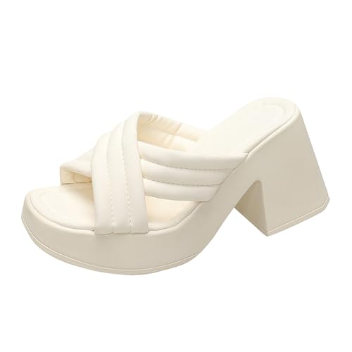 biJerou Schuhe Damen Mit Fell mit dicken Absätzen und einreihige Sandalen mit dicken Biskuitsohlen für den Sommer Damen Schuhe Weite H Winter (White, 37) von biJerou