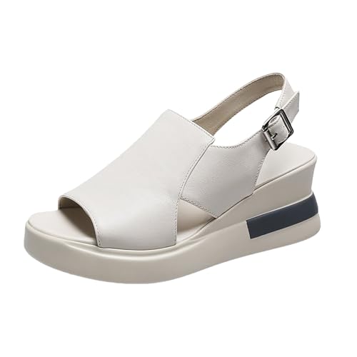 biJerou Sommer-Biskuit-Sandale für Damen mit dicken Sohlen, schrägem Absatz und flacher Schnalle hinten Schuhe Damen Lack (Beige, 35) von biJerou