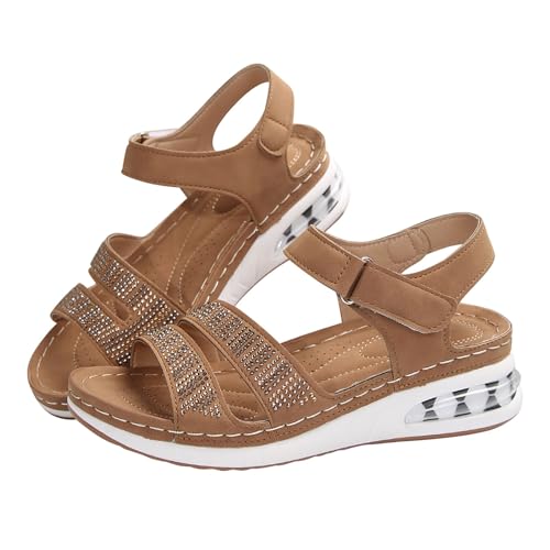 biJerou Sommer-Sandalen für Damen mit dicker Sohle und geneigtem Absatz, große Einheitsgröße, glitzerndes Wasser, Diamantkissen Damen Schuhe Keilabsatz Slipper (Brown, 37) von biJerou