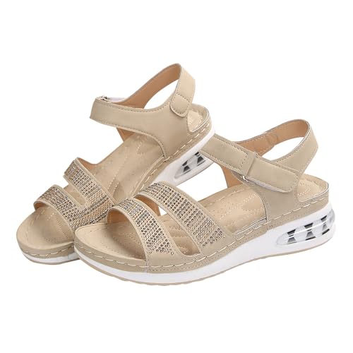 biJerou Sommer-Sandalen für Damen mit dicker Sohle und geneigtem Absatz, große Einheitsgröße, glitzerndes Wasser, Diamantkissen Damen Schuhe Keilabsatz Slipper (Khaki, 36) von biJerou