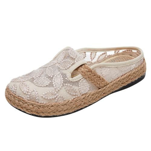 biJerou Sommer-Slipper aus gewebtem Leinen für Damen im Halbpack mit Ethno-Stickerei Weiße Keilabsatz Schuhe Damen (Beige, 37) von biJerou