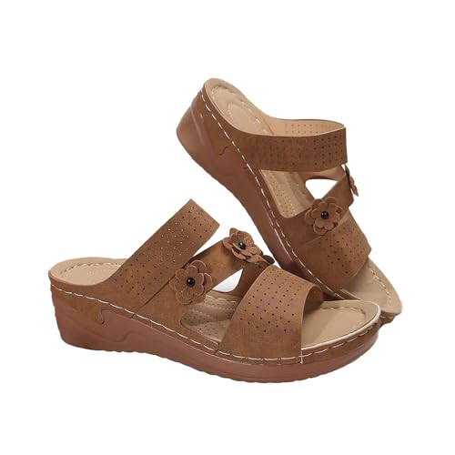 biJerou Übergroße Retro-High-Heels für den Sommer mit Blumenmuster für Damen mit geradem, schrägem Absatz Schuhe Mit Absatz Für Damen Türkis (Brown, 40) von biJerou